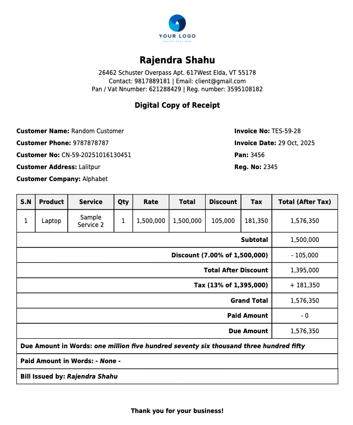 Normal Bill Format Example